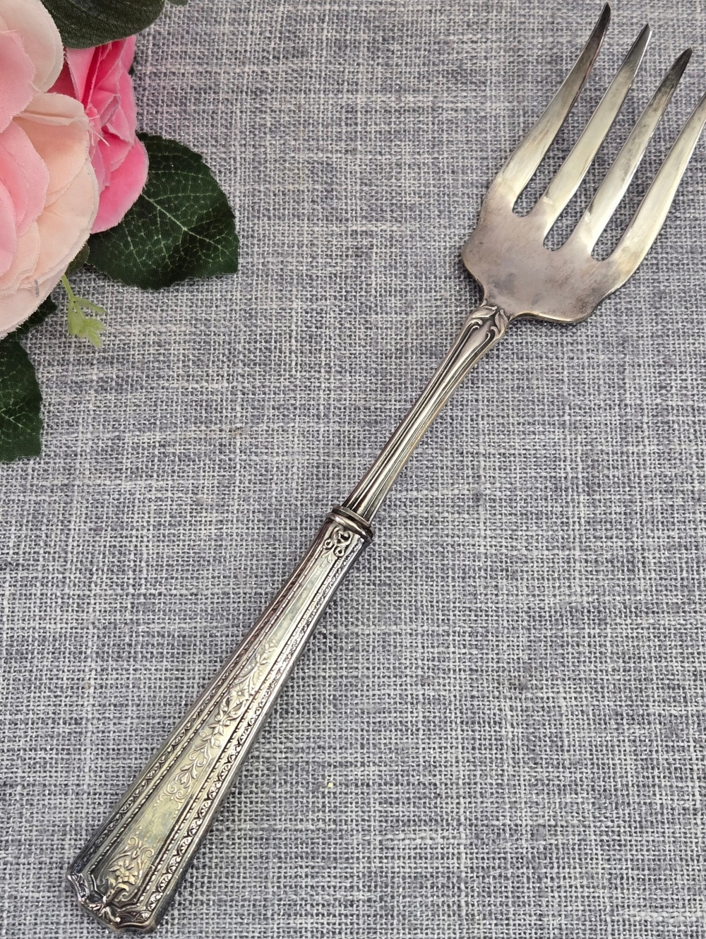 Vintage 9" NH&Co‎ Serving Fork With Sterling Silver Handle - Ornate Design